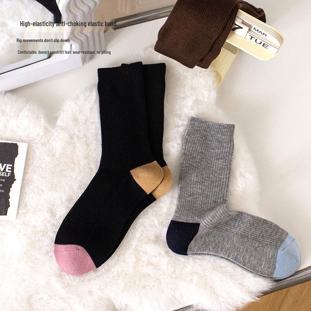 Women's Color Block Ribbed Cashmere Mid-Calf Socks - Warm & Stylish for Autumn/Winter