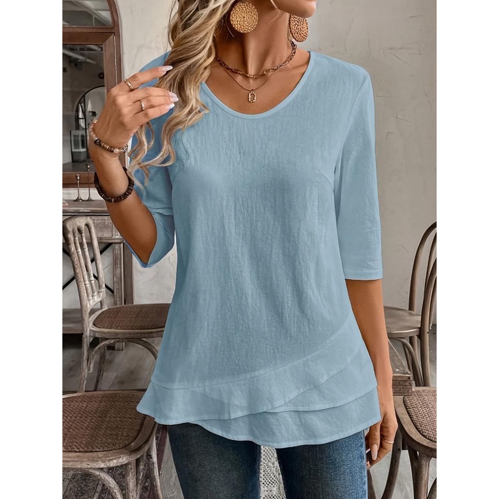 Ladies' Detail V-neck Patch Splicing Design Solid Color Shirt