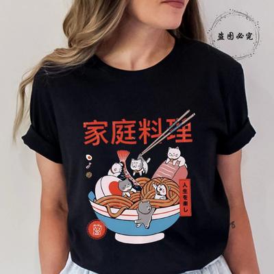 Kawaii Ramen Katzen Essen T-Shirt Lustig Damen Harajuku Ästhetisches T-Shirt Vintage Damen Streetwear Kleidung Anime Cartoon Y2k Oberteile