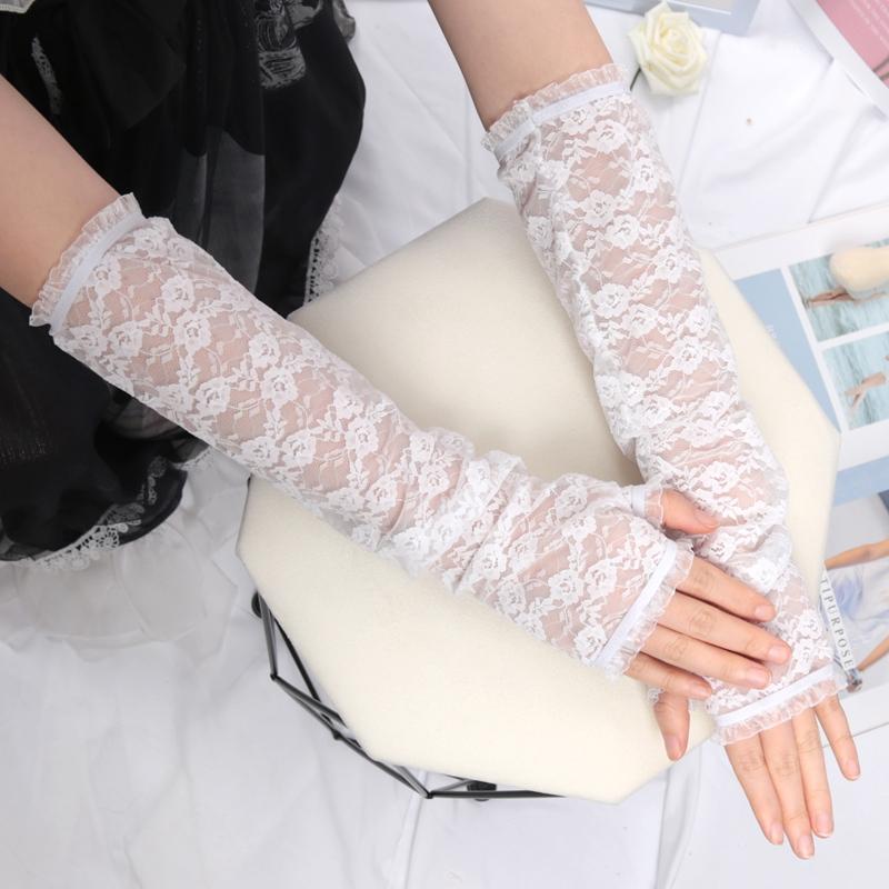 Women Lace Arm Cover Sleeve Fishnet Mittens UV Protection Arm Cuffs Fingerless Driving Gloves JK Lolita Kawaii White Gloves