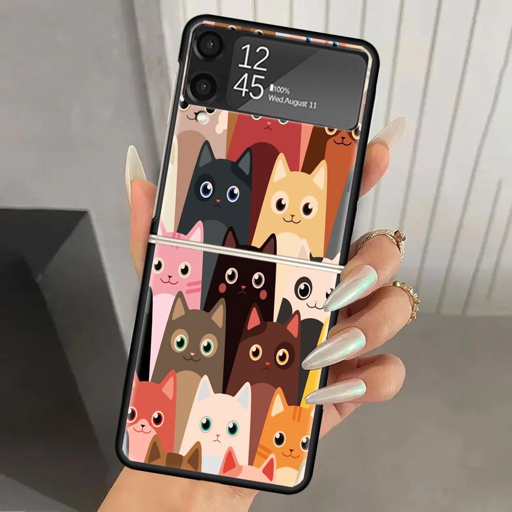 Cat Cute Kitten Cartoon Hard PC Phone Case For Samsung Galaxy Z Flip 7 6 5 4 3 Black ZFlip7 ZFlip6 Flip5 Flip4 Flip3 5G Print Co