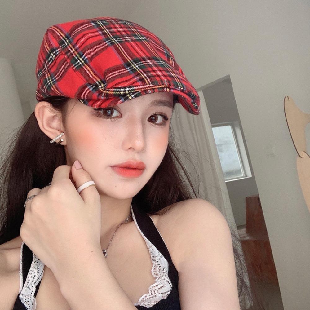 Short Brim Plaid Beret Cap Cotton Women Artist Hat Simple Cloth Painter Cap  Party