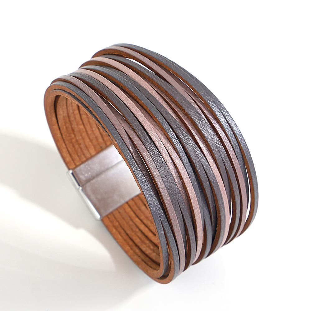 Bracelet Tendance Coloré en Cuir pour Femmes Hommes Boho Multicouche Bandes Fines Wrap Large Jonc Bracelets Bijoux de Fête Cadeaux