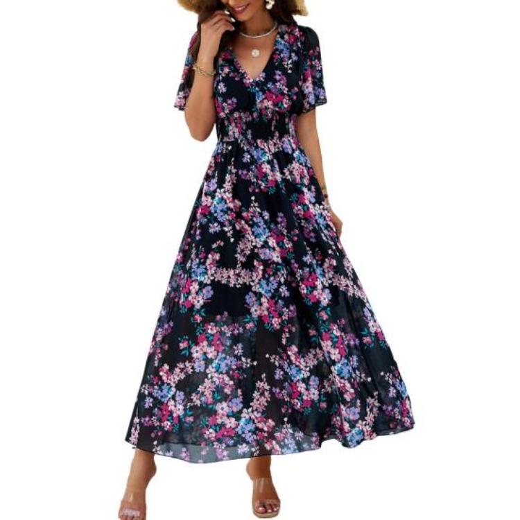 Boho Floralprint Maxikleid für Damen Sommer Strandsonnenkleid mit tiefem V-Ausschnitt Rüschenkurzarm Chiffon Langes Freizeitkleid