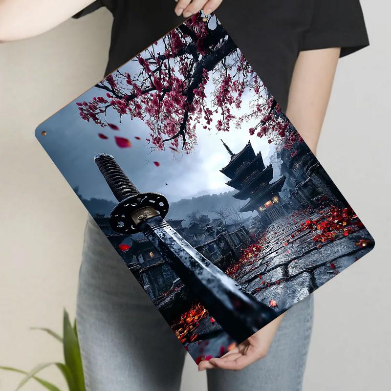

Ancient Japanese Temple Sakura Sword Metal Wall Art Zen Landscape Architecture Decor for Living Room 20x30cm（7.8x11.8inch）