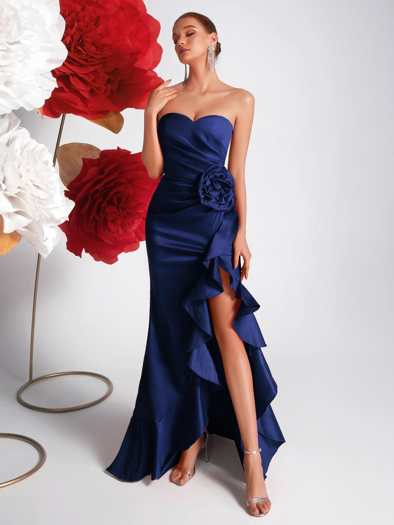 Light luxury satin strapless dress, high-waisted pleated waist-cinching slimming irregular ruffle slit banquet evening dress XS тёмно-синий