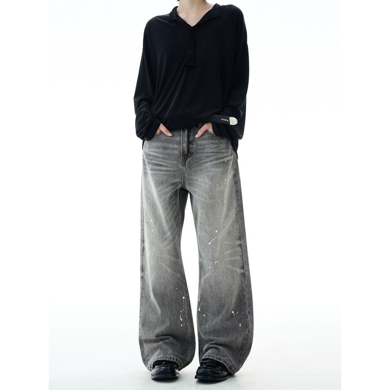 Madwitch American Retro Washed Distressed Splatter Denim Jeans for Men and Women, Loose Casual High Street Vibe Pants, Trendy