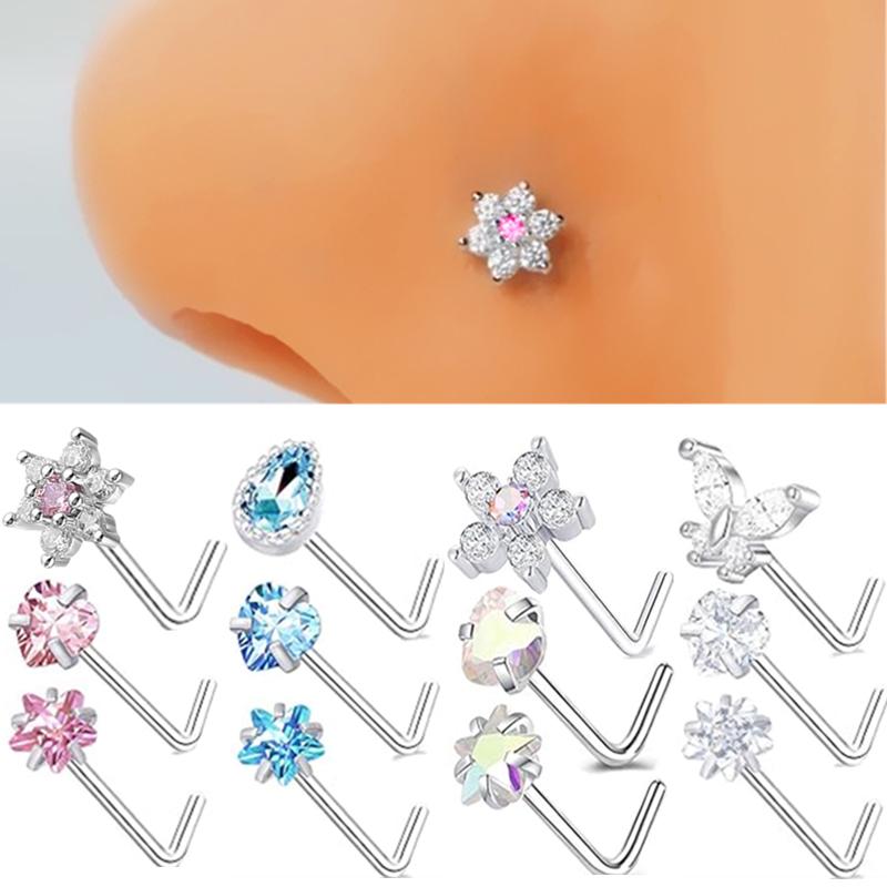 3PC Stainless Steel Flower Nose Piercing Stud Set L Shape Pink Nose Ring Studs Pack Indian Nose Jewelry Bulk Piercing Nariz Lote