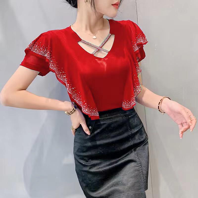 

Весна 2025 Мода Сетка Ажурный Волан Длинный Рукав Женский Топ 3XL красный