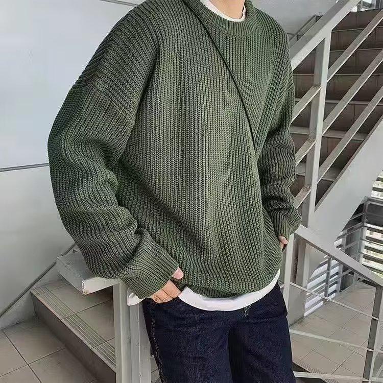 Loose Men's Pullover Knitwear Solid Color Round Neck Winter Base Layer Hong Kong Style Casual Crew Neck Sweater Autumn Winter