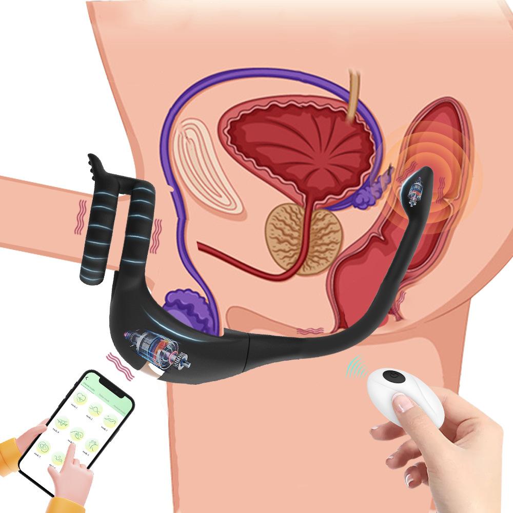 APP Controllo remoto Doppio anello Doppio shock Chiusura Cum Ring Plug anale Coppia vibratore Giocattoli del sesso Anello del pene remoto Prodotti per adulti