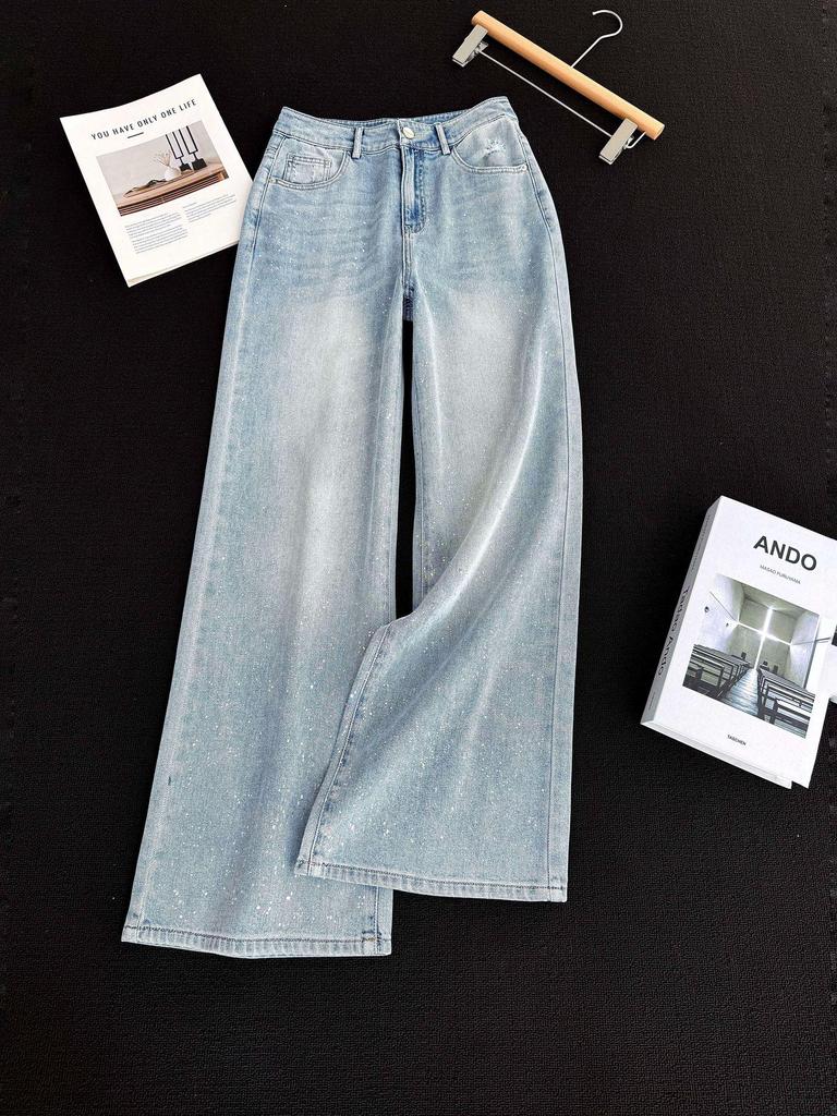 Starry Sky Shiny Wide-Leg Slimming High-Waisted Denim Pants for Women - Flaw-Concealing, Leg-Lengthening Straight Fit