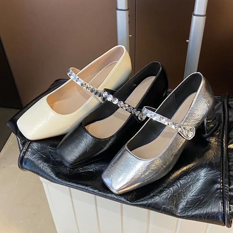 French Silver Rhinestone Mid-heel High-heeled Shoes Women 2025 New One-line Buckle Heel Pumps Luxury Sandals