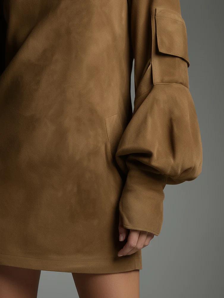 European & American High-End Women's Retro Faux Suede Lapel Dress - Autumn/Winter New Long Sleeve Short Skirt, 2025 Collection.