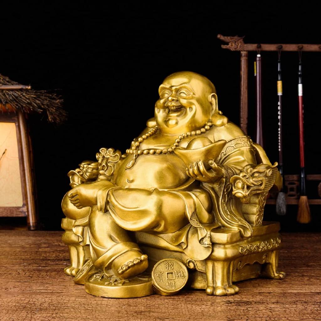 Hotei-Figur, Maitreya-Bodhisattva, Feng-Shui-Artikel, Hotei auf einem Drachenthron sitzend, Amulett für Reichtum, Glück und finanzielles Glück (Gold)