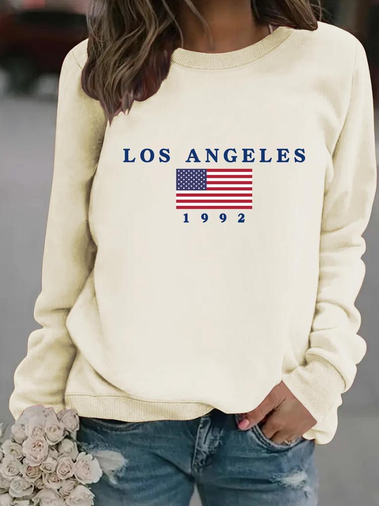 European & American Women's Casual Long-Sleeve Round Neck 'LOS ANGELES' Print Pullover Hoodie - Autumn/Winter Collection