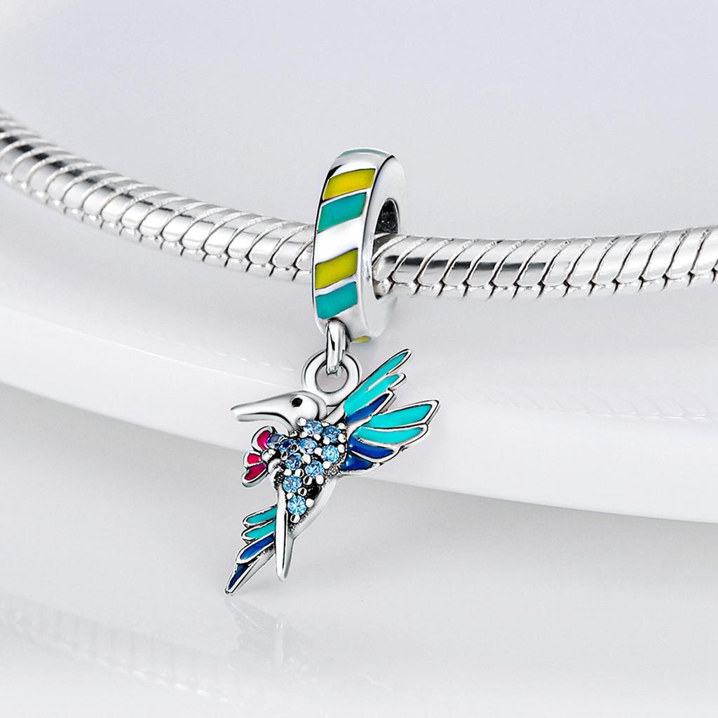 Color Enamel Hummingbird Flamingo Butterfly Flower Beads Charm Silver Plated Jewelry Making for Women Bracelet Necklace