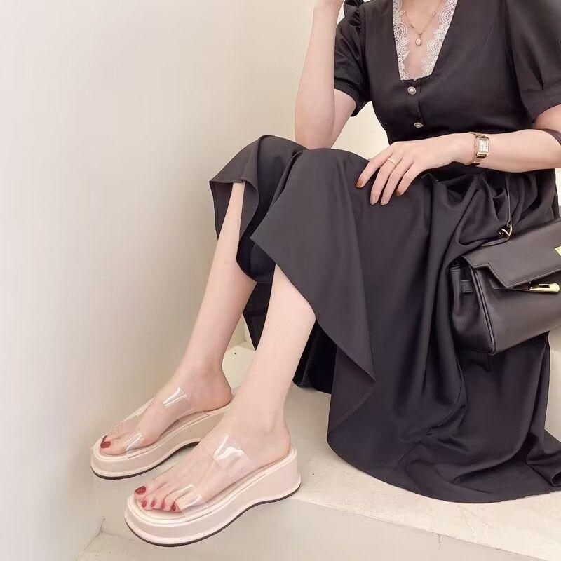 Trendy Cool Slippers New Summer Transparent with Cool Slippers Slope Heel Thick-soled Muffin Heels