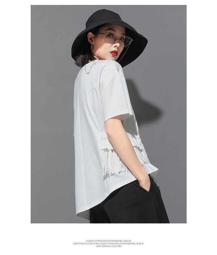 European & American Summer Women's Lace Tassel T-Shirt: Short-Sleeved, High-Street, Ins-Style, Cold Splicing, Irregular Design.