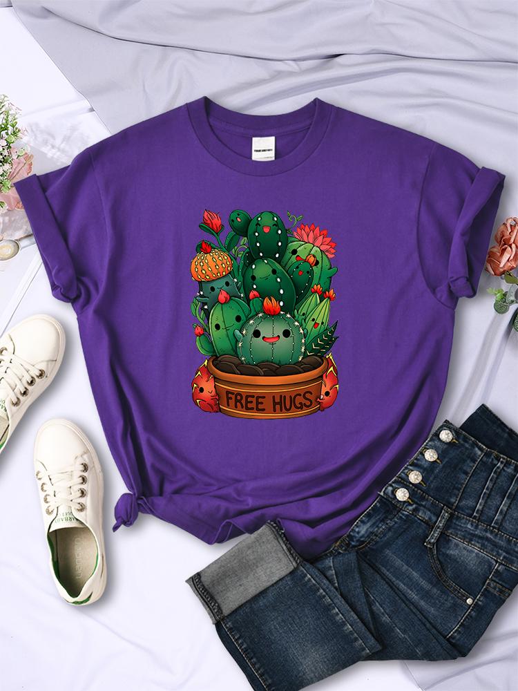 Cute Plant Cactus Free Hugs Print Women T-Shirt Personality Casual All-math Tee Clothing Street Hip Hop Tops Female Short Sleeve