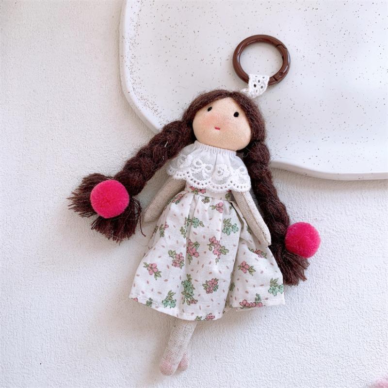 Cute Braid Doll Bag Charm Sweet Little Girl Floral Dress Plush Stuffed Toy Pendant Adorable Backpack Hanging Ornament Bag Charm