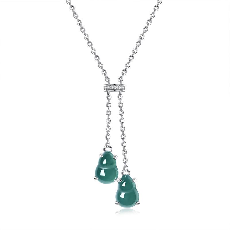 New Chinese Style Natural Blue Water Jadeite Double Gourd Pendant S925 Pure Silver Necklace for Women, Premium Clavicle Chain