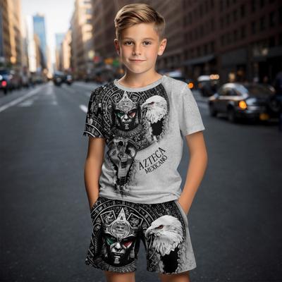 Conjunto de dos piezas de camiseta y pantalones cortos informales de manga corta con estampado 3D de elementos mexicanos para niños y niñas de 4 a 14 años