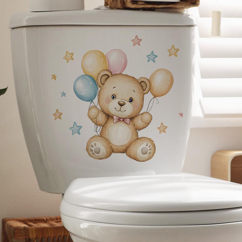 Playful Bear with Balloons Toilet Sticker Waterproof Self-Adhesive Removable Decal for Bathroom WC Home Decor