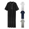 Men's Kaftan Robe Solid Color Mid-Sleeved Long Thobe V-Neck Abaya Prayer Clothing Ihram Robe
