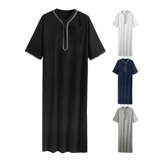 Men's Kaftan Robe Solid Color Mid-Sleeved Long Thobe V-Neck Abaya Prayer Clothing Ihram Robe