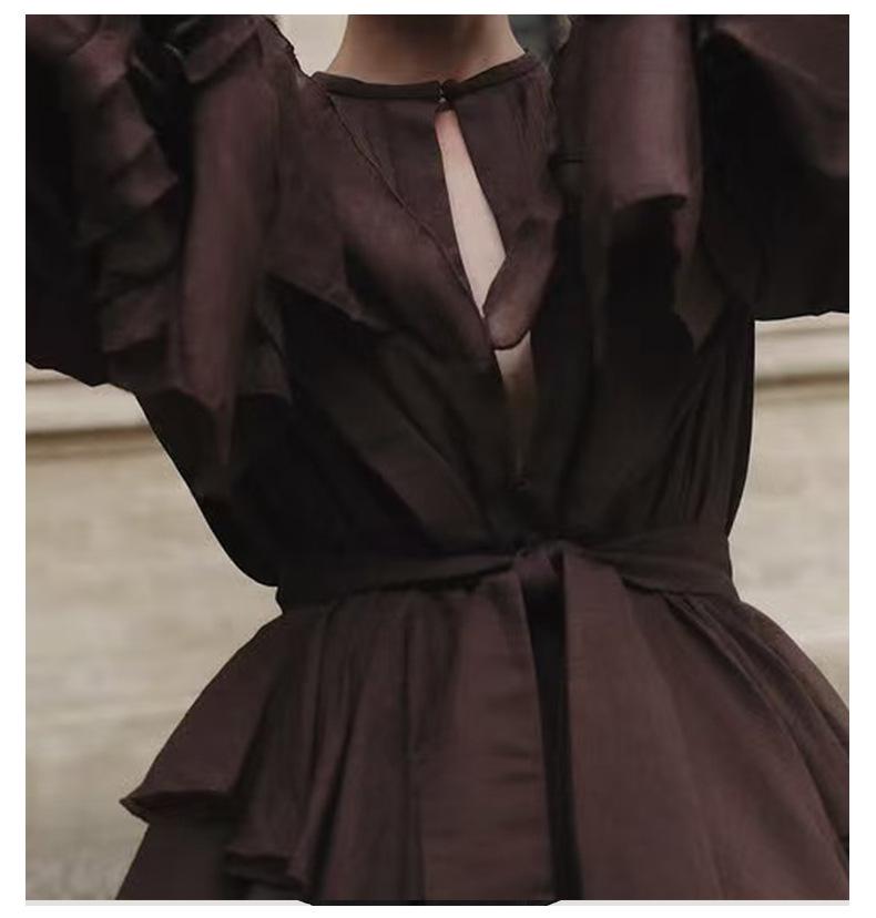Elegant French Retro Ruffle Dress with Belt & Lantern Sleeves