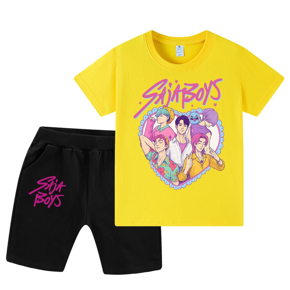 

WA1212 Kids Boys Girls Kpop Rumi Zoey Mira Sajaboys Print Short Sleeves T-shirt Shorts Pants Sets 130cm жовтий