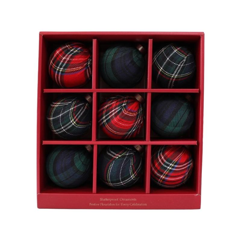 Stoffummantelte Weihnachtskugel-Ornament, 9 Stück karierte Kugeln Hängedekoration Set für Baumschmuck und Feiertagsdekorationen