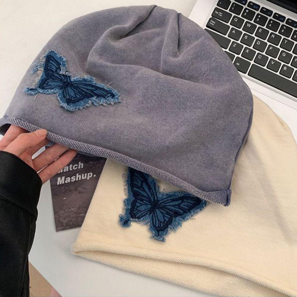 Y2k Retro Skullies Patch Pullover Hat Elastic Butterfly Beanies  Autumn/Winter