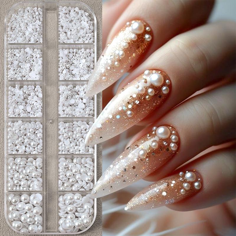 12Grid Shiny Silver Half Round Metal Caviar Bead Nail Rivets Charms Flatback Pearl Balls Nail Art Studs Y2K Decora