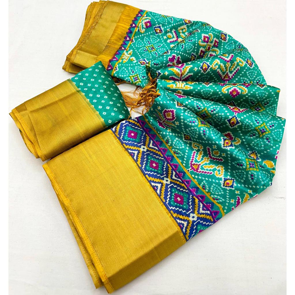 Tussar Silk Lagdi Patta With Kalkota Hand Printing Patola Print In Full Saree With Fancy Tassels In Pallu With Running Blouse