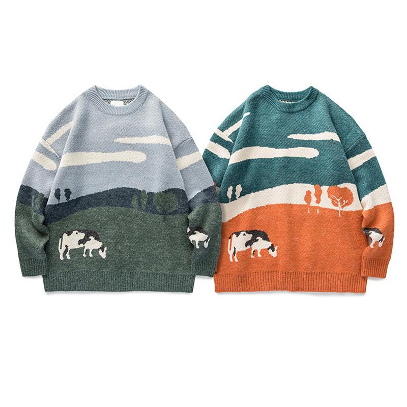 2021 Men's Fashion Japanese Colorblock Green Cow Sweater - Hong Kong Style Round Neck Pullover