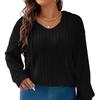 Women's V-Neck Long Sleeve Pullover Hoodie Color Loose Fit Ribbed