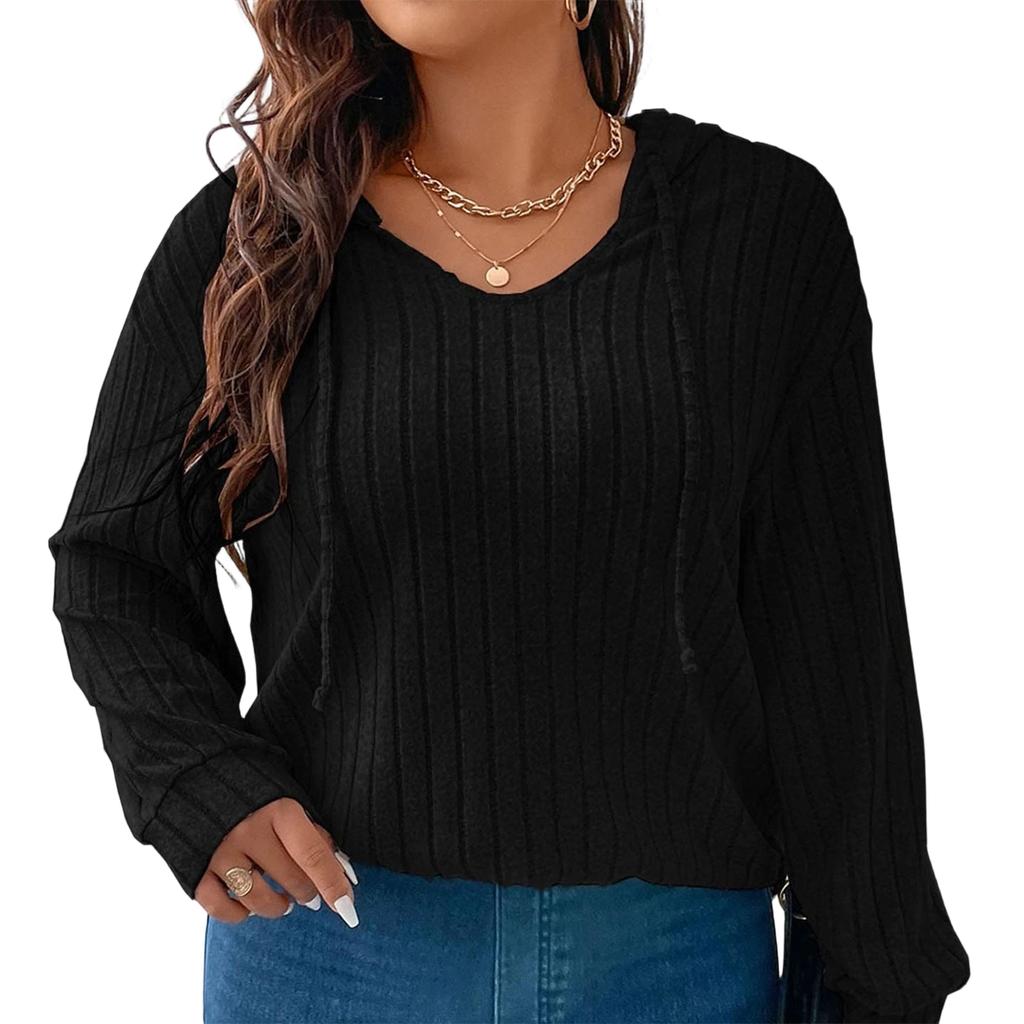 Women's V-Neck Long Sleeve Pullover Hoodie Color Loose Fit Ribbed