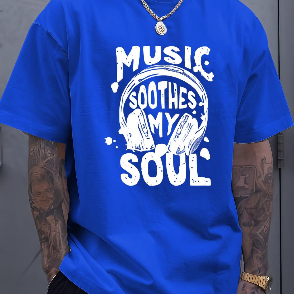 Men's Summer 100% Cotton Fashionable Casual Loose Music Soothing My Soul Pattern Printed Sports Round Neck Short Sleeve T-shirt