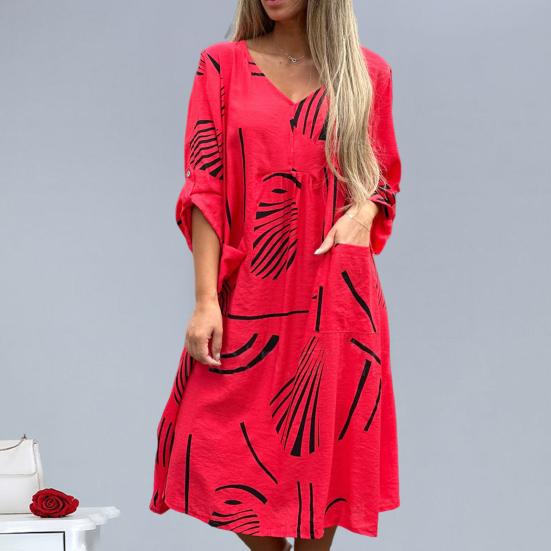 

Женское летнее платье с v-образным вырезом и рукавами три четверти, свободное повседневное платье миди больших размеров с накладным карманом и принтом длиной до колена. 3XL белый