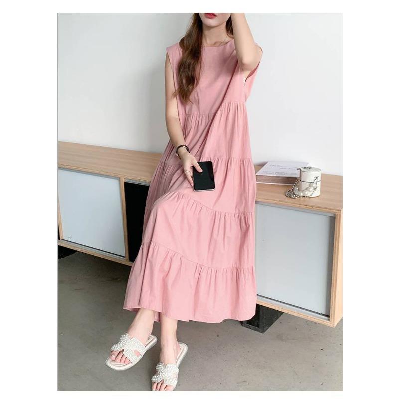 Patchwork Solid Color Long Skirt Sleeveless Commuter Crew Neck Dress