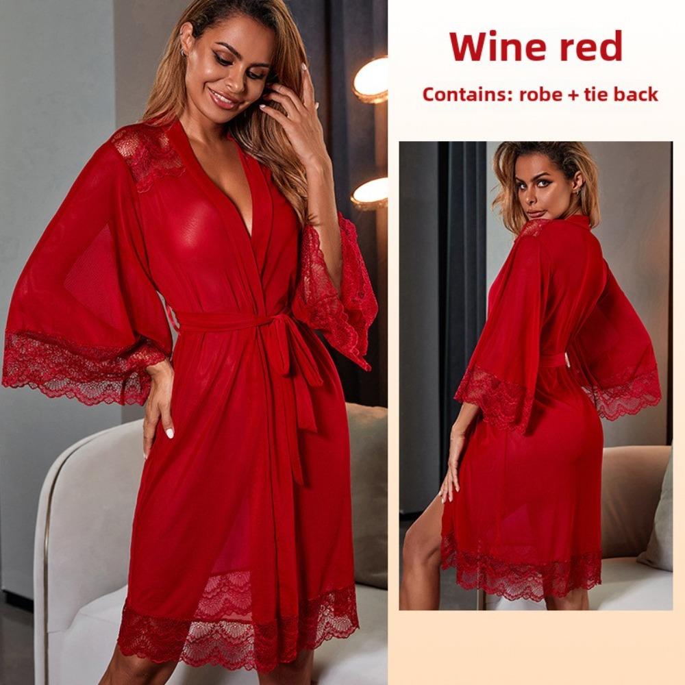 Mesh Nightgown Perspective Underwear Sexy Lace Splicing Robe Loungewear
