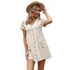 Summer new loose skirt v-neck short-sleeved button-pleated cotton and linen dress