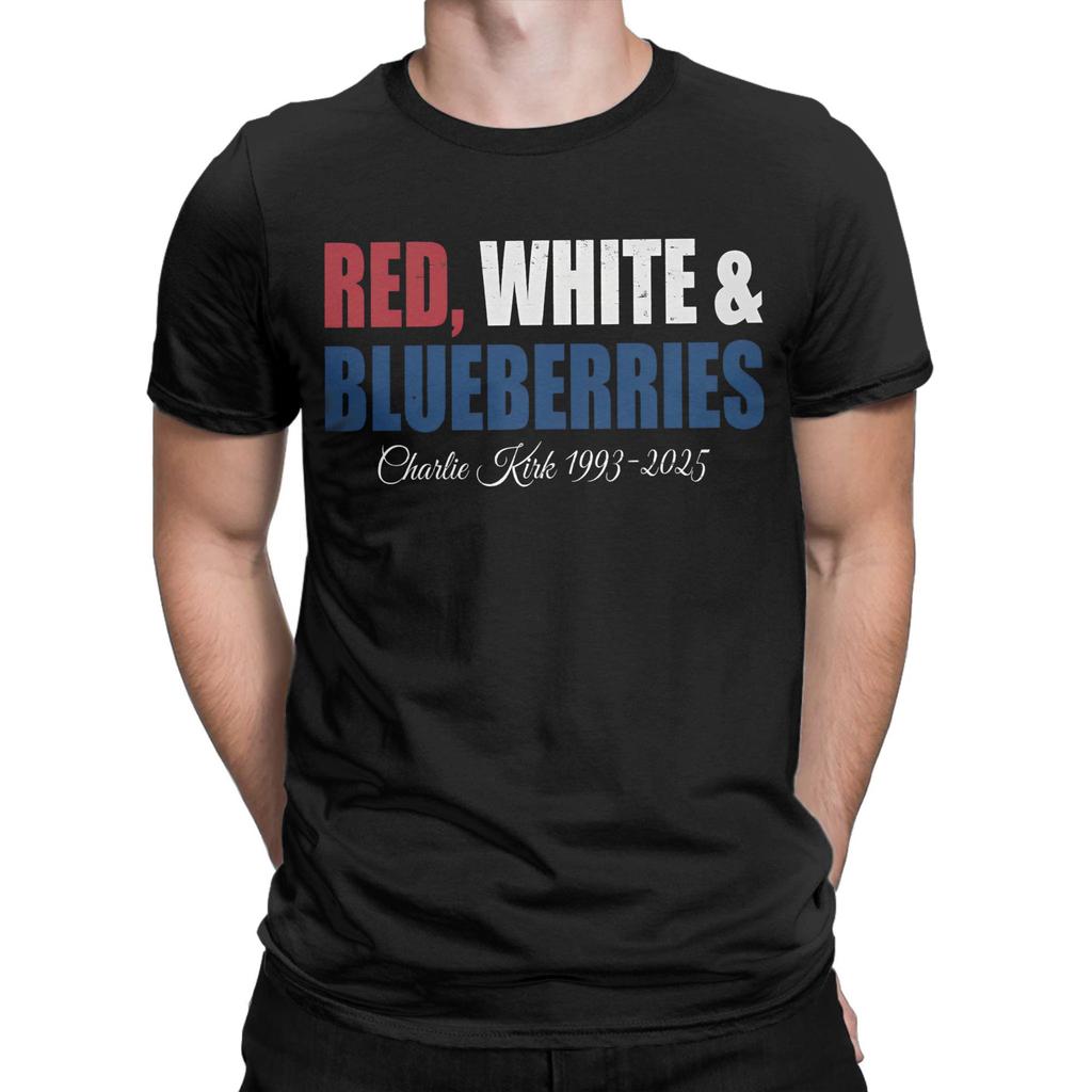 Red White & Blueberries Charlie Kirk Men T Shirt 2025 Memorial Freedom Tees Short Sleeve Round Collar T-Shirt Cotton Gift merch