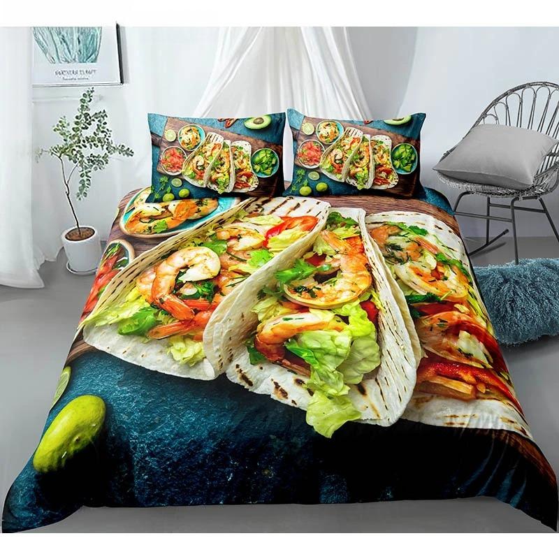 Essen Rindfleisch Bettwäsche Set 3D Frisches Fleisch Bettbezug King/Queen Größe Köstliche Meeresfrüchte Sashimi Hähnchenschenkel Steak Realistischer Bettdeckenbezug