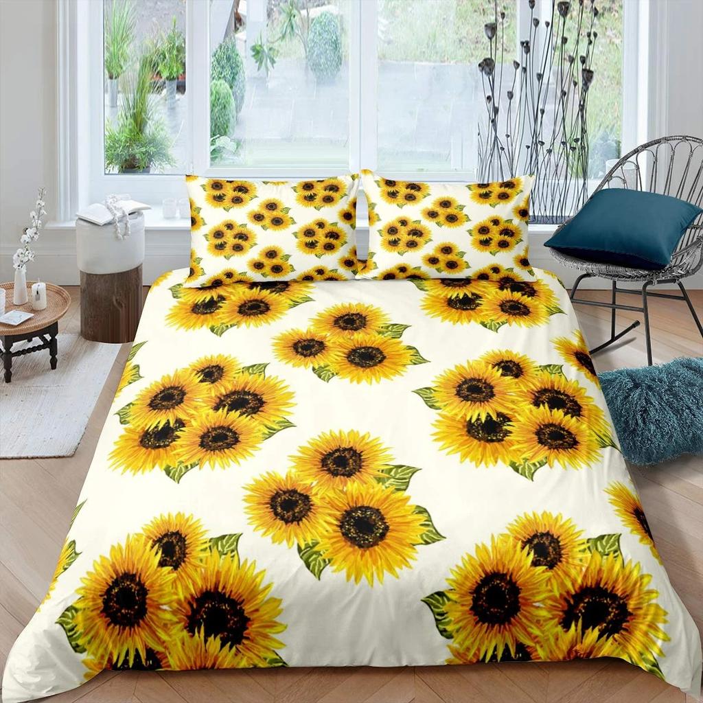 Vintage Sunflowers Duvet Cover Set Letters Bedding Set Letters And Sunflowers Printed Retro Girls Queen Size 2/3pcs Quilt Cover