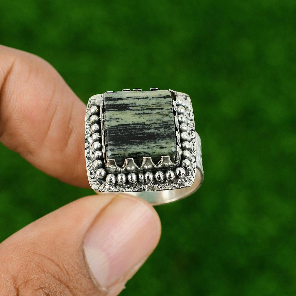 Silver Leaf Jasper Stone Stackable Boho Ring Jewelry Size 10 925 Sterling Silver
