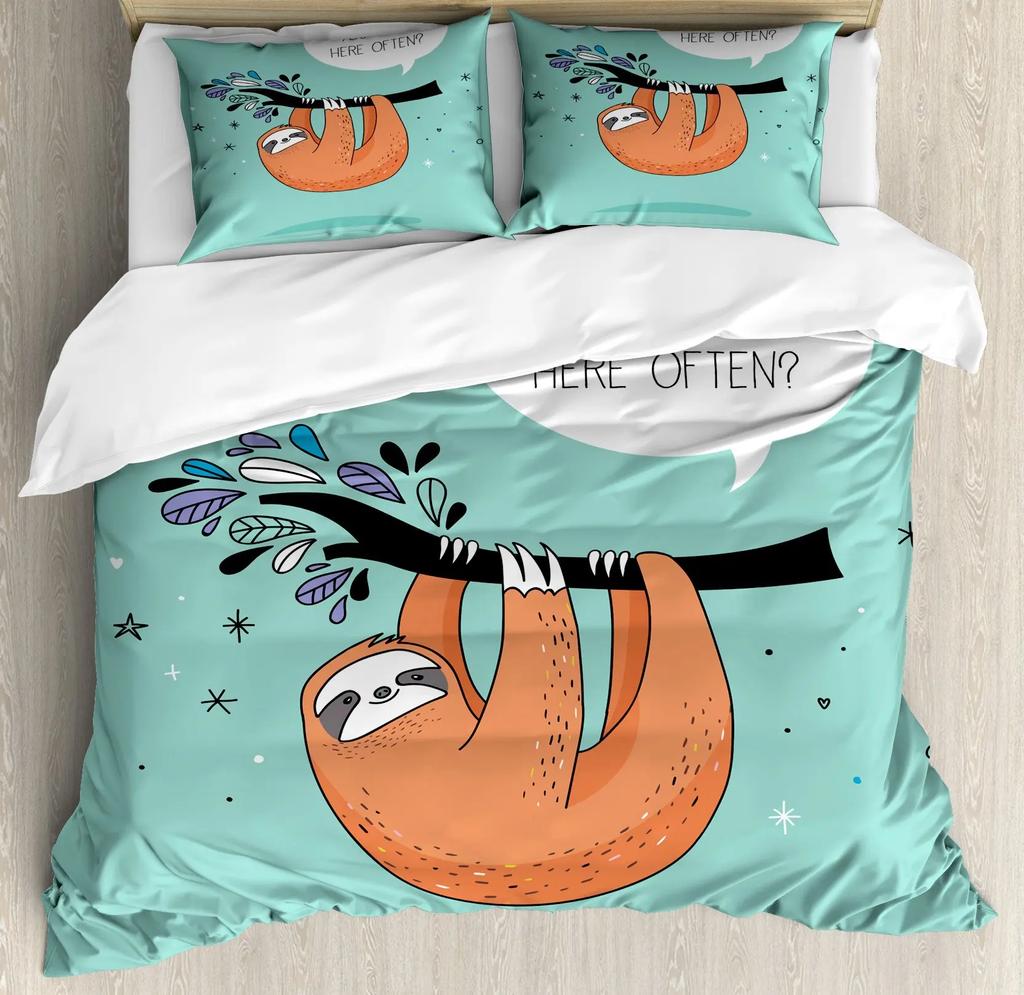 Floral Sloth Cartoon Cute Sloth Duvet Cover Flowers Sloth Animal Cover Kids Boys Girls Gifts Bedding Sets for Bedroom Decortion