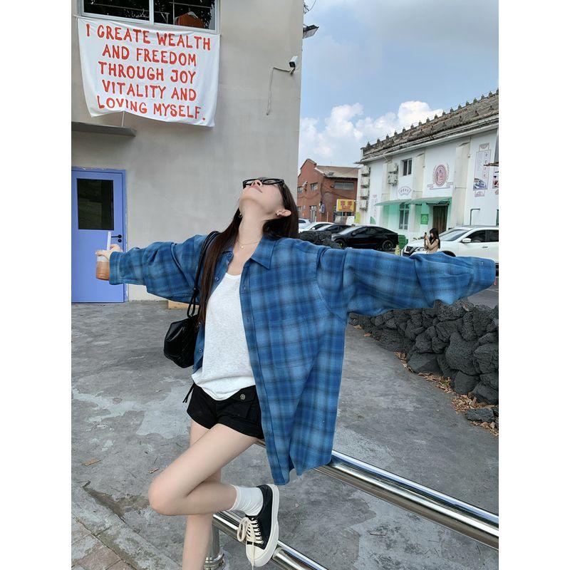 Kumikumi Idle Style Blue Gingham Brushed Long Sleeve Shirt Women's Clothing Fall Mid-Length Loose Slim Looking